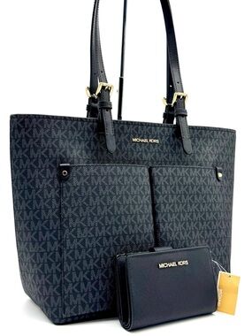 Michael Kors Jet Set Medium Pocket Tote Bag & Matching Bifold Wallet Black